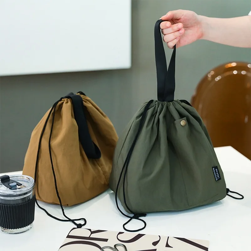 Bento Box Bag Large Solid Color Waterproof Drawstring Closure Thermal Storage Lunch Bag Picnic Handle Cooler Tote