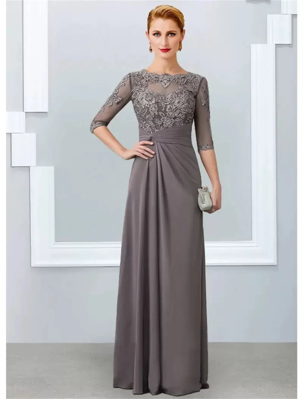 A-line Gray Mother of the Bride Dress Elegant Jewel Neck Floor Length  Chiffon Half Sleeves Appliques Lace Wedding Party Gowns - AliExpress, image size:1000x1316