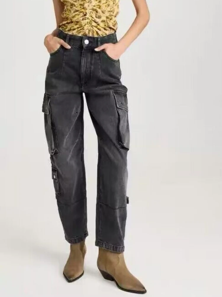

2023 New Autumn and Winter Large Pocket Decoration Black and Gray High Waist Work Women Jeans