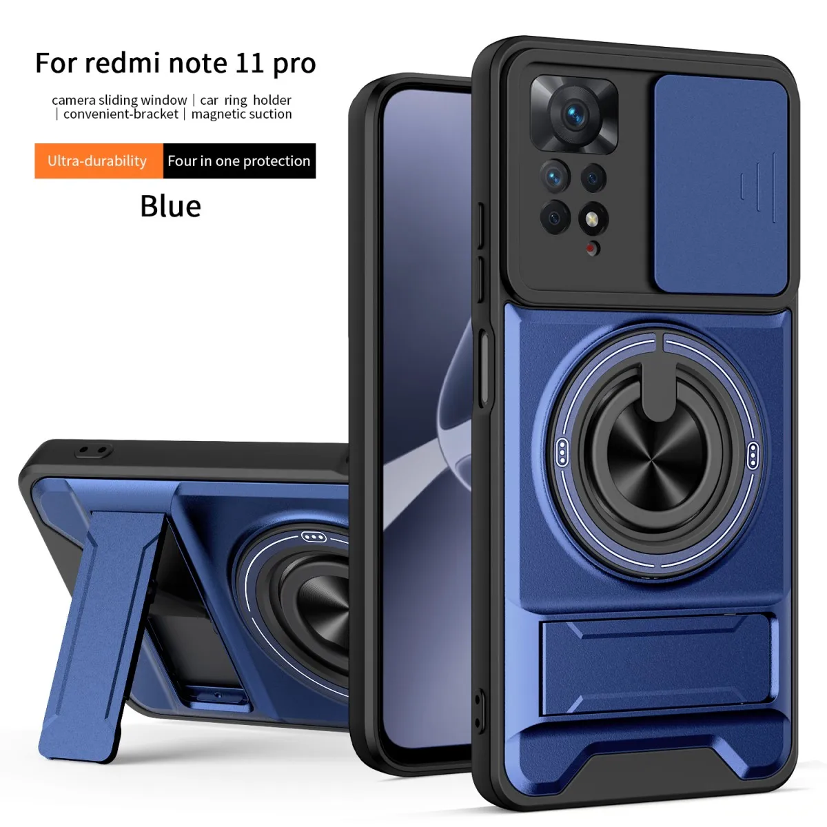 Armor Shockproof Phone Case with Sliding Camera Cap and Built-in Magnet Ring Kickstand