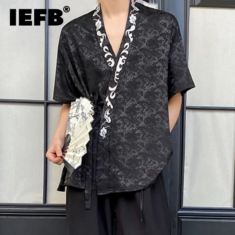 

IEFB Men's Shirts Casual Short Sleeve Chinese Style Satin Jacquard Embroidery Lace-up Design Fashion Male Top 2024 New 9C5710