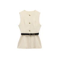 Women's Long Waistcoat with Belt, Front Gold Button, O Neck Sleeveless Vest, Female Outerwear, Chic Tops, Fashion - Image 5