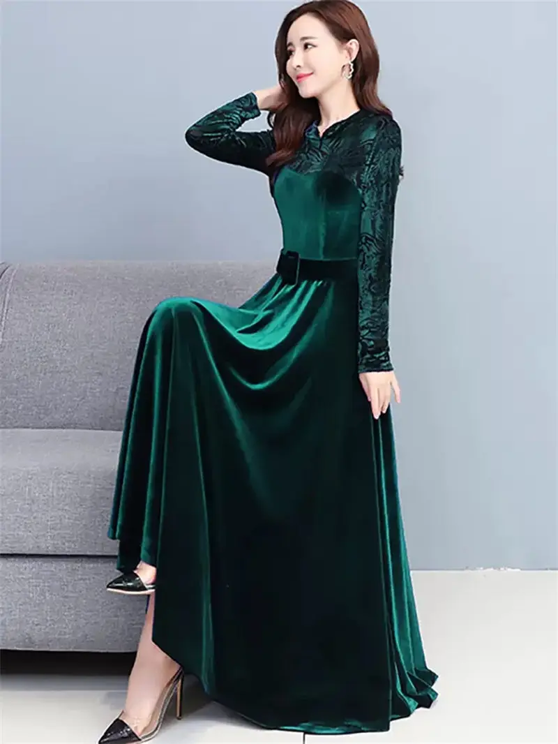 

Elegant Golden Velvet Dress For Women Spring Autumn Winter 2023 New Long Sleeve High-End Fashion Bottomed Mid Length Dress T1629