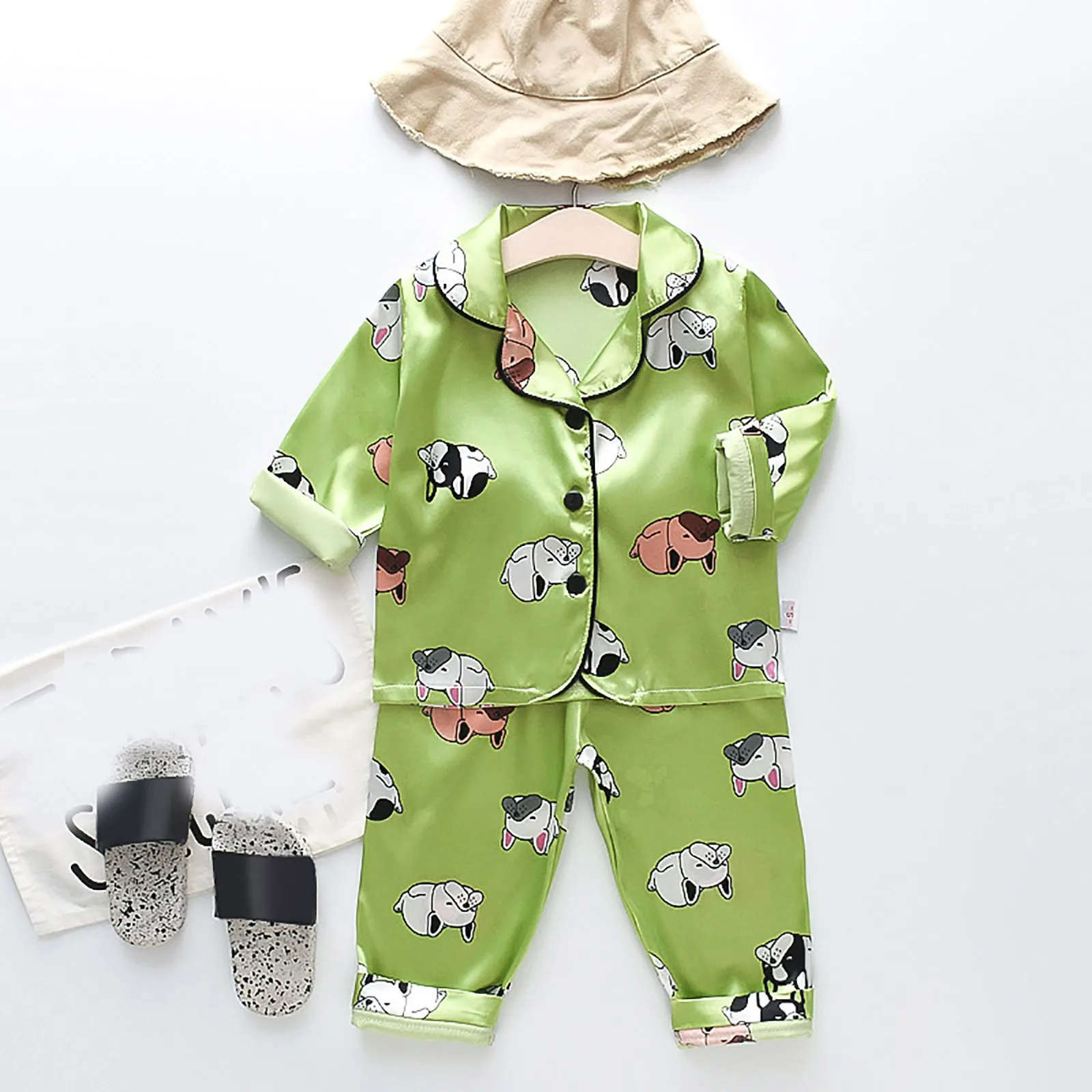 Toddler Kids Baby Boys Girls Satin Cartoon Button Down Shirt Tops + Long Pants Silk Pajamas 5 Set 4t Toddler Girl Clothes