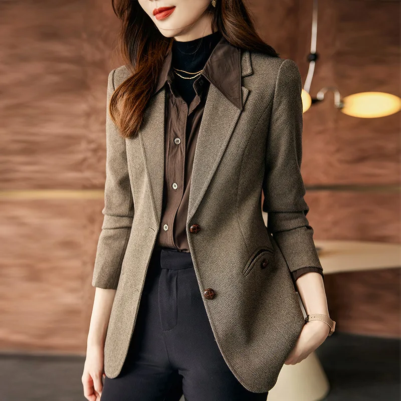 Coffee Woolen Blazer Women Spring Autumn 2023 New High-Grade Fashion Temperament Slim Casual Suit Top Woman Iron-free Treatment