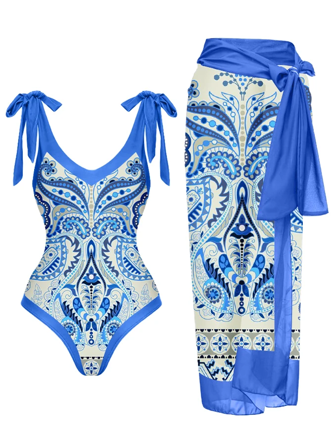 

2023 Women Nnew Blue Vintage Art Print Fashion Lace Design V-neck High Waist one-piece Swimsuit And Long Beach Resort Cover