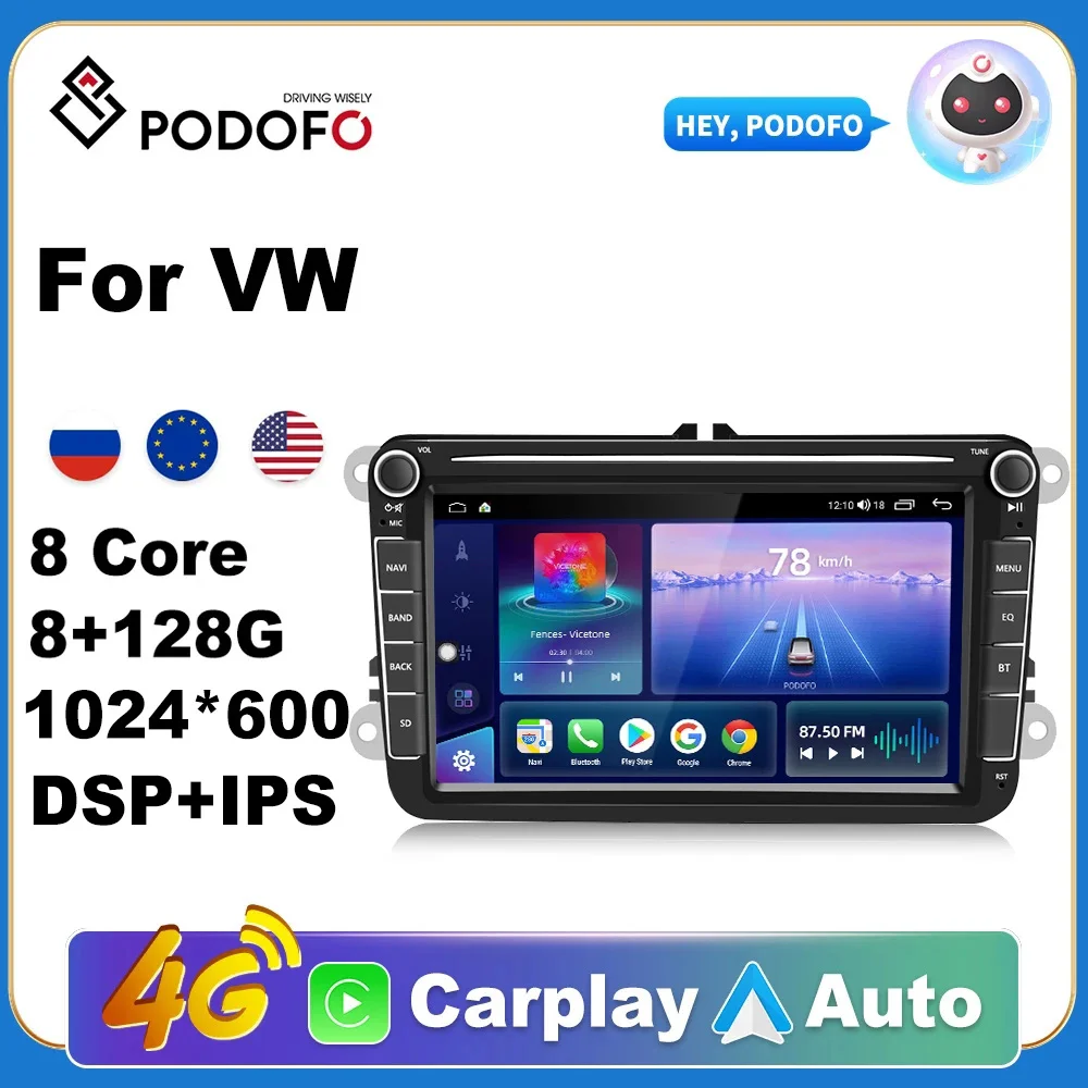 

Podofo 2 Din автомобильное радио Android 10,0 для VW/Volkswagen/Golf/Polo/Passat/b7/b6/SEAT/leon/Skoda 8 дюймов 8 + 128G GPS Wifi 4G Carplay