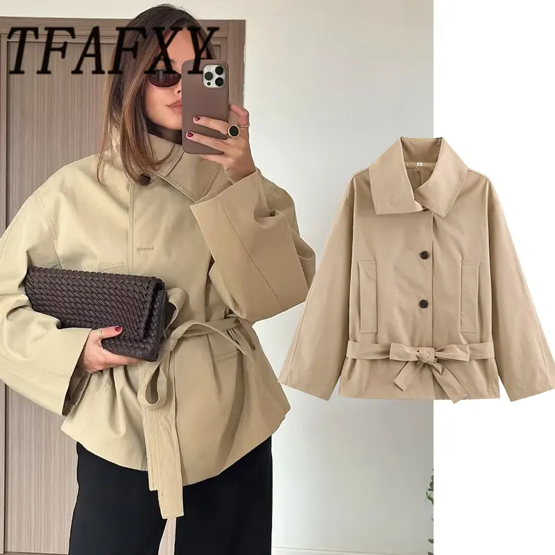 TFAFXY 2026 Nouveaux Manteaux Décontractés Chic pour Femme, Vestes Unies à Col Rabattu et Manches Longues, Coupe Ample avec Ceinture, Tendance Automne