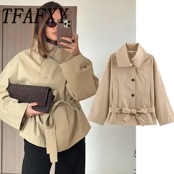 TFAFXY 2026 Nouveaux Manteaux Décontractés Chic pour Femme, Vestes Unies à Col Rabattu et Manches Longues, Coupe Ample avec Ceinture, Tendance Automne