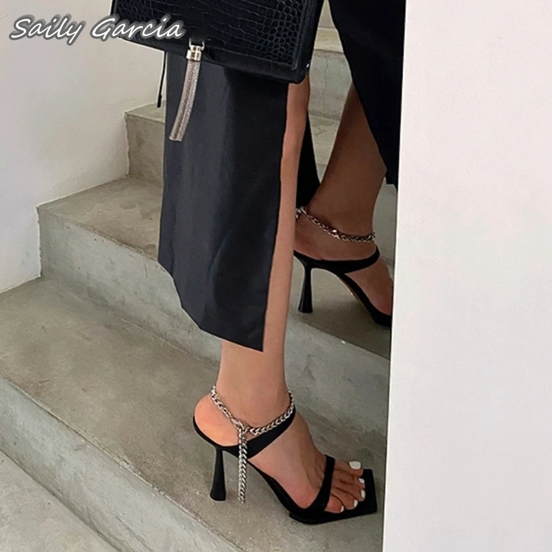 

Genuine Leather Metal Chain Slip On Sexy Sandals 2024 New Casual Shoes Square Open Toe Silk One Word Belt Stiletto High Heels