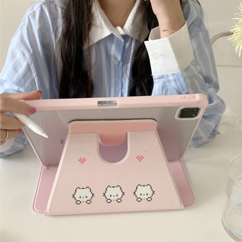 Kawaii Pixel Kitty Cat iPad Case with 360 Rotating Stand and Pencil Holder