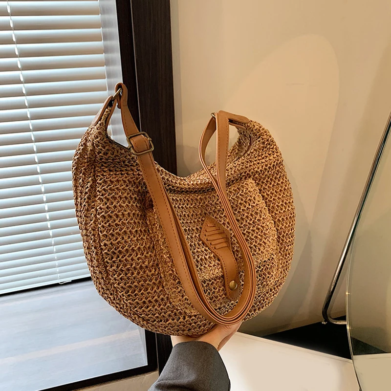 Woven Summer Fashion Straw Bag Beach Holiday Crossbody Bag Shopping Large Capacity Shoulder Handbag Messenger Ladies Women
