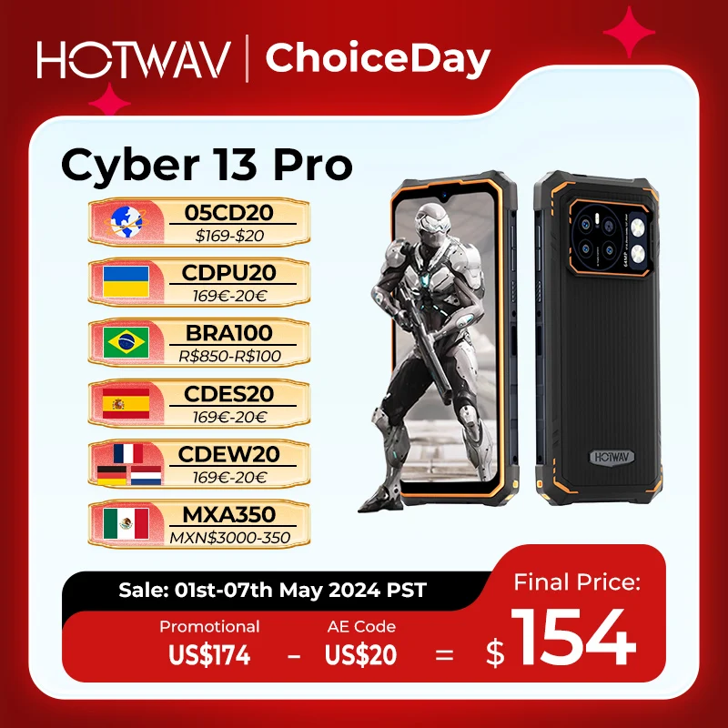 

HOTWAV Cyber 13 Pro Rugged Smartphone 150LM Flashlight 20GB+256GB 6.6'' FHD+ 2K Display MobilePhone 10800mAh 64MP Cellphone