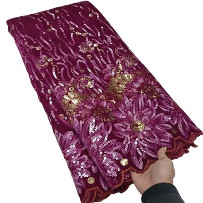 

Purple/Gold African Velvet Lace Fabric 2022 High Quality Sequins Lace Material French Stones Lace Fabric For Wedding Sewing