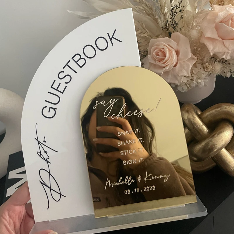 Photo Guestbook Sign Frosted Acrylic Sign Arched Gold Mirrored Sign Wedding Decoration Reception Stationery