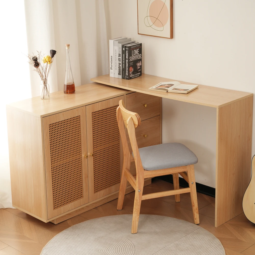 Leichter, luxuriöser High-End-Schreibtisch, L-förmiger Ecktisch, Computertisch mit Rattantüren, Friseurtisch, Weiß 126 cm – Detail 1