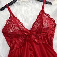 Chemise de nuit transparente en dentelle rouge pour femmes, sous-vêtements Sexy, vêtements de nuit, ensembles robe et culotte, été 4