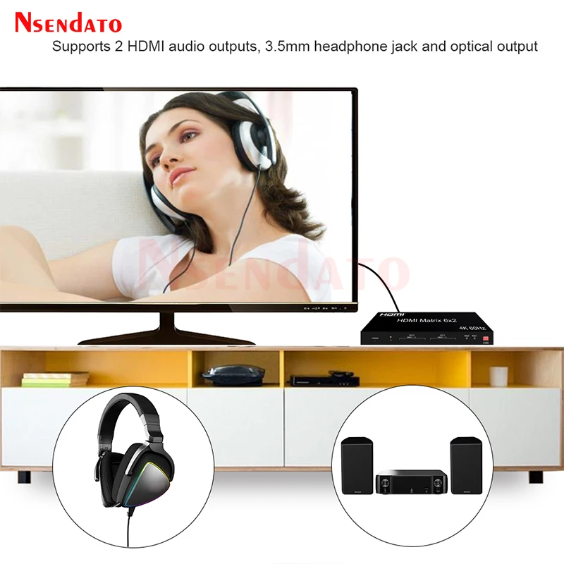 HDMI Matrix Switch 6x2 4k 60Hz Matrix HDMI Switch Splitter 6 in 2 out with HDMI Audio Video Switcher for PC monitor