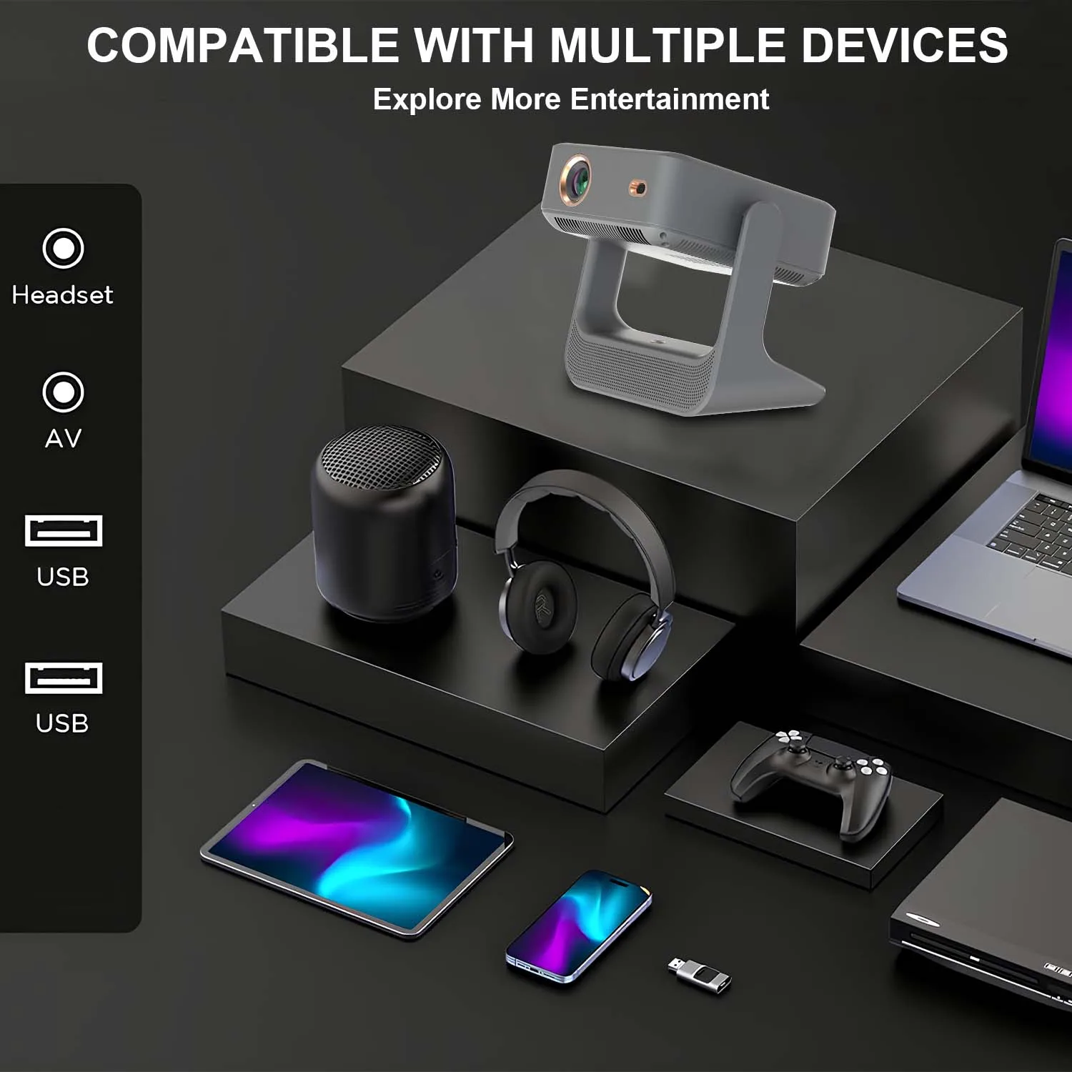 ApexTPNetflix 유튜브 프로젝터 7인치 터치스크린 1080P 4K, 180 °   회전 - 안드로이드 IOS 동기화, WiFi BT5.0, HDMI USB 홈 시네마 Ga