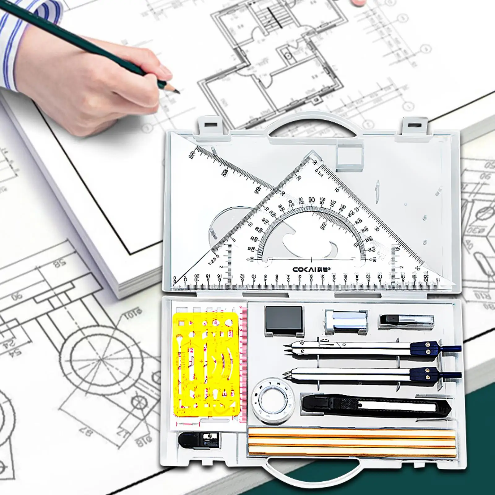 Engineers Geometry Compass Ruler Drafting Tool Multipurpose Triangle Rulers with Storage Box for Draftsmen Reusable Lightweight