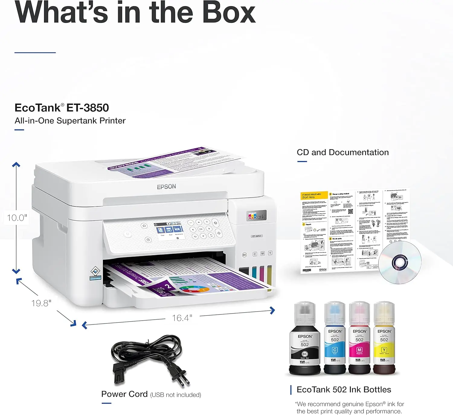 3850 Wireless Color All-in-One Cartridge-Free Supertank Printer with Scanner, Copier, ADF and Ethernet,White 5