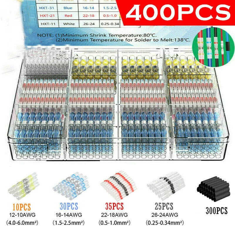 Misturado Heat Shrink Conectar Terminais Impermeável Solda Manga Tubo Fio Elétrico Isolado Butt Connectors Kit 400 Pcs