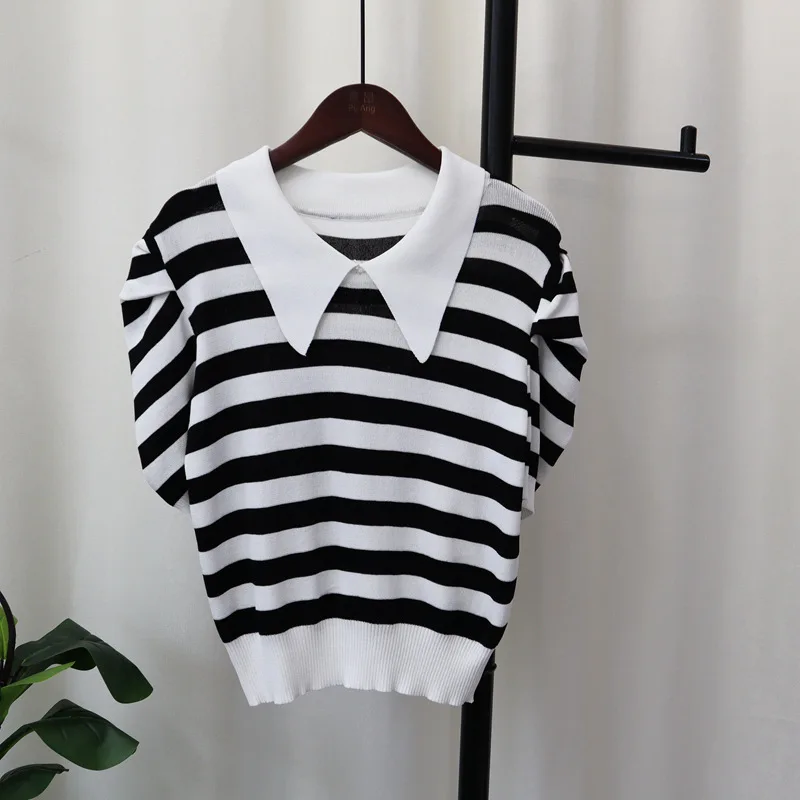 

Striped Knitted Fashion Women Sweater Pullovers Puff Sleeves Kawaii Lady Jumpers Clothes