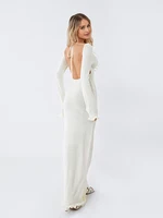 Women's Autumn Winter Knitted Bodycon Dress Long Sleeve Tie Backless Round Neck Solid Color Ruffle Trim Long Dress Beachwear - Image 2