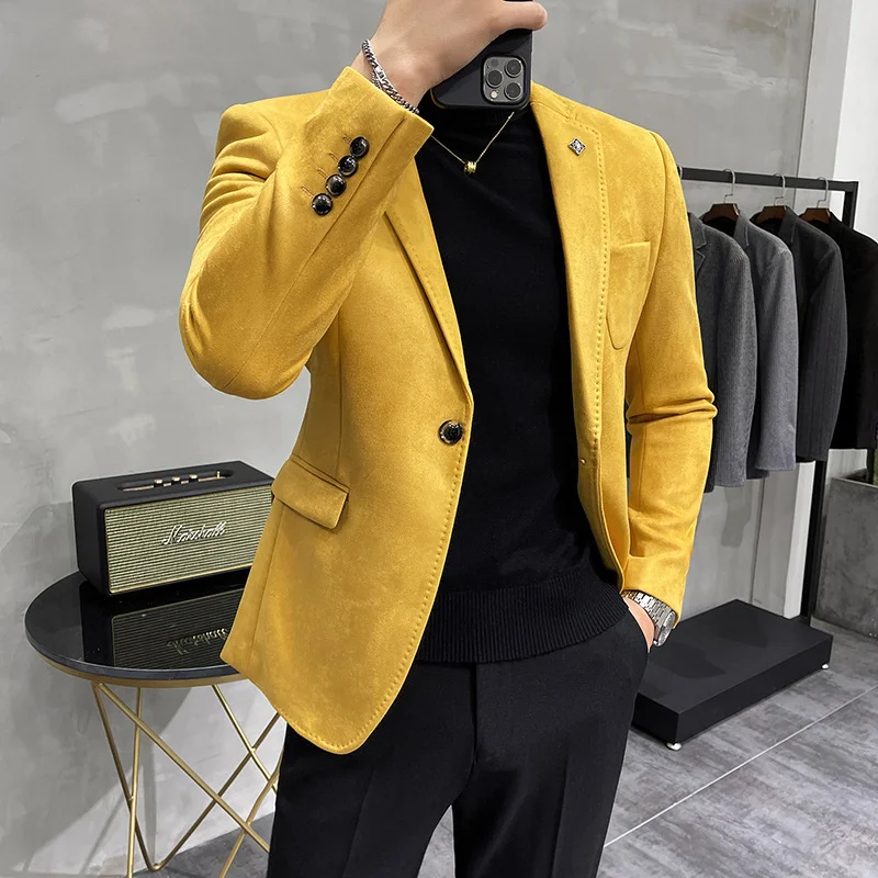 Men's Deerskin Fleece Suit Jacket Spring New High Quality Single Button Slim Fit Business Casual Suit Coat Men Clothing