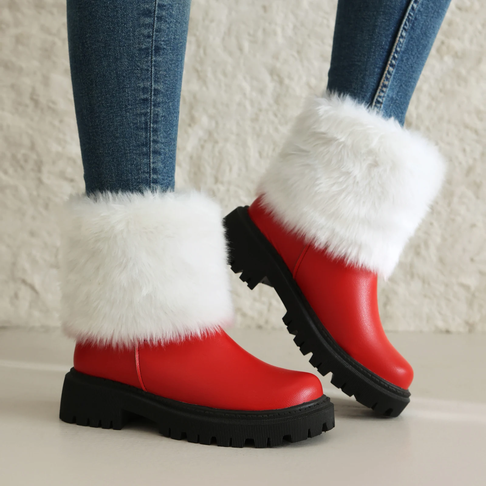 Comfortable And Warm Fur Patchwork PU Flat Bottomed Ankle Boots Waterproof Platform Slip-On Women's Short Boots