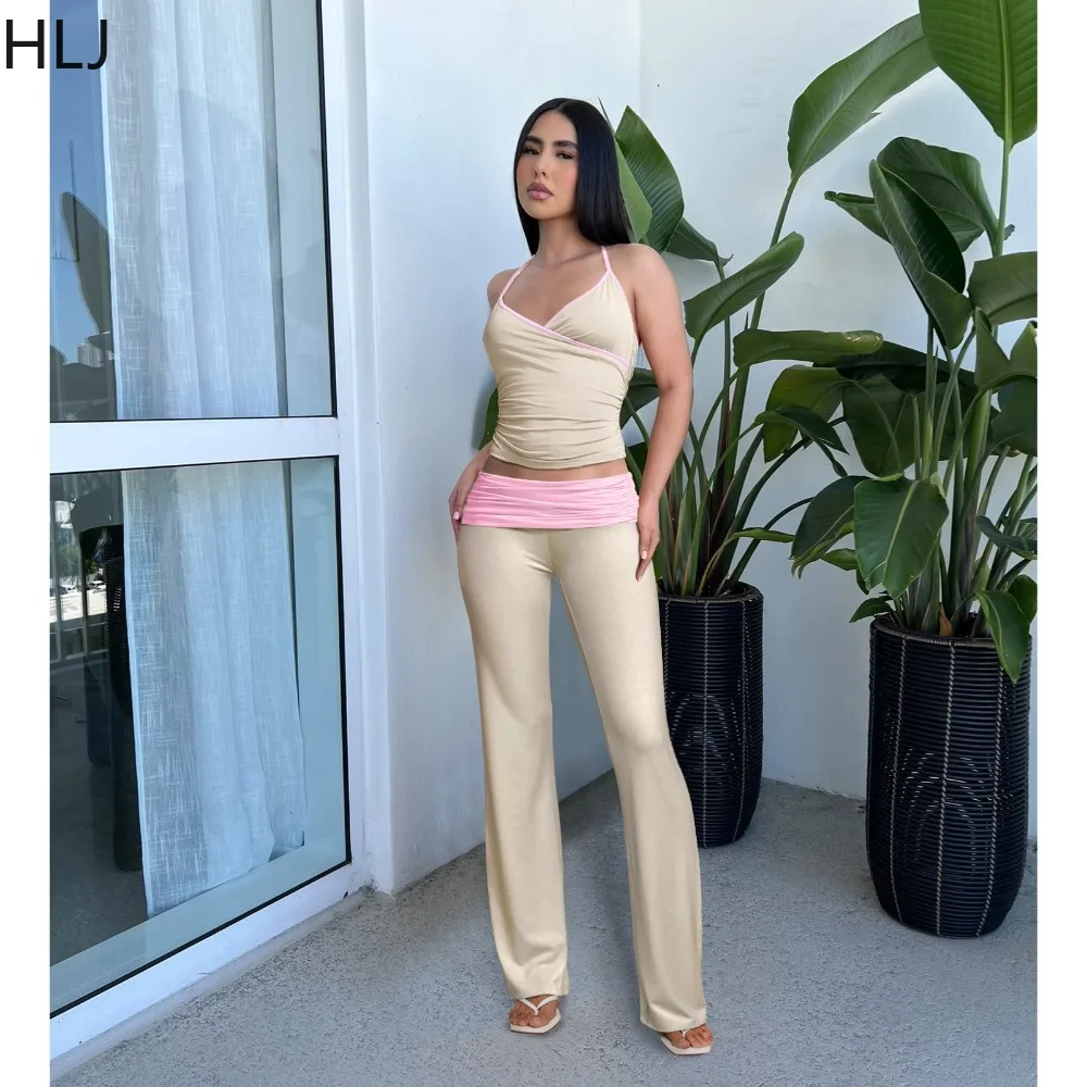 HLJ Fashion Y2K Style Ruched Splicing Two Piece Sets Women Deep V Halter Crop Top And Pants Outfits Female Solid 2pcs Clothing