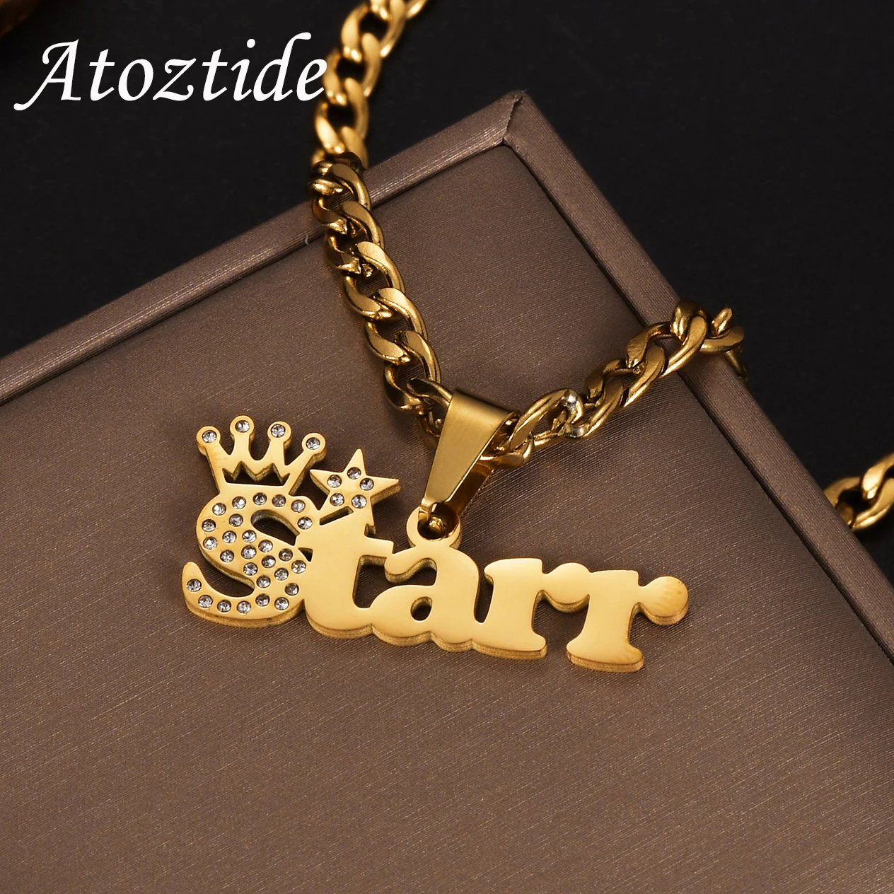 

Atoztide Personalised Zircon Crown Star Custom Name Necklace Stainless Steel for Women Thick Cuban Chain Pendant Jewelry Gift