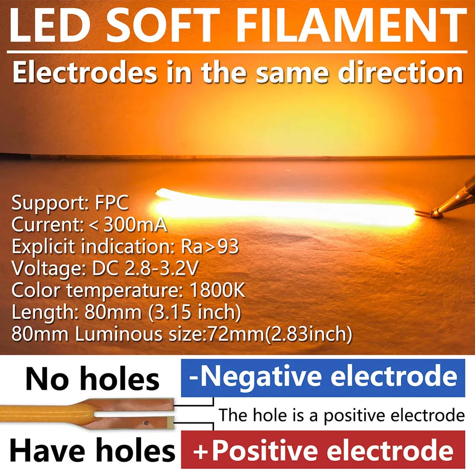 Free Cut Flexibles LED-Filament 80 mm 110 mm 190 mm 300 mm für LED-Edison-Glühbirne DC3V-Lampenzubehör Diodenteile Warmgelb 1800 K – Detail 1