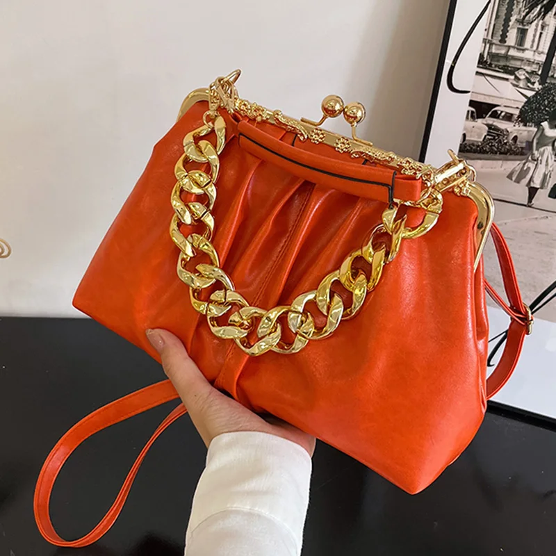 Designer Women Blue Orange Chain Shoulder Bags Kiss Lock Shell Clip Pu  Leather Crossbody Bags Handbags And Purse Evening Clutch - AliExpress