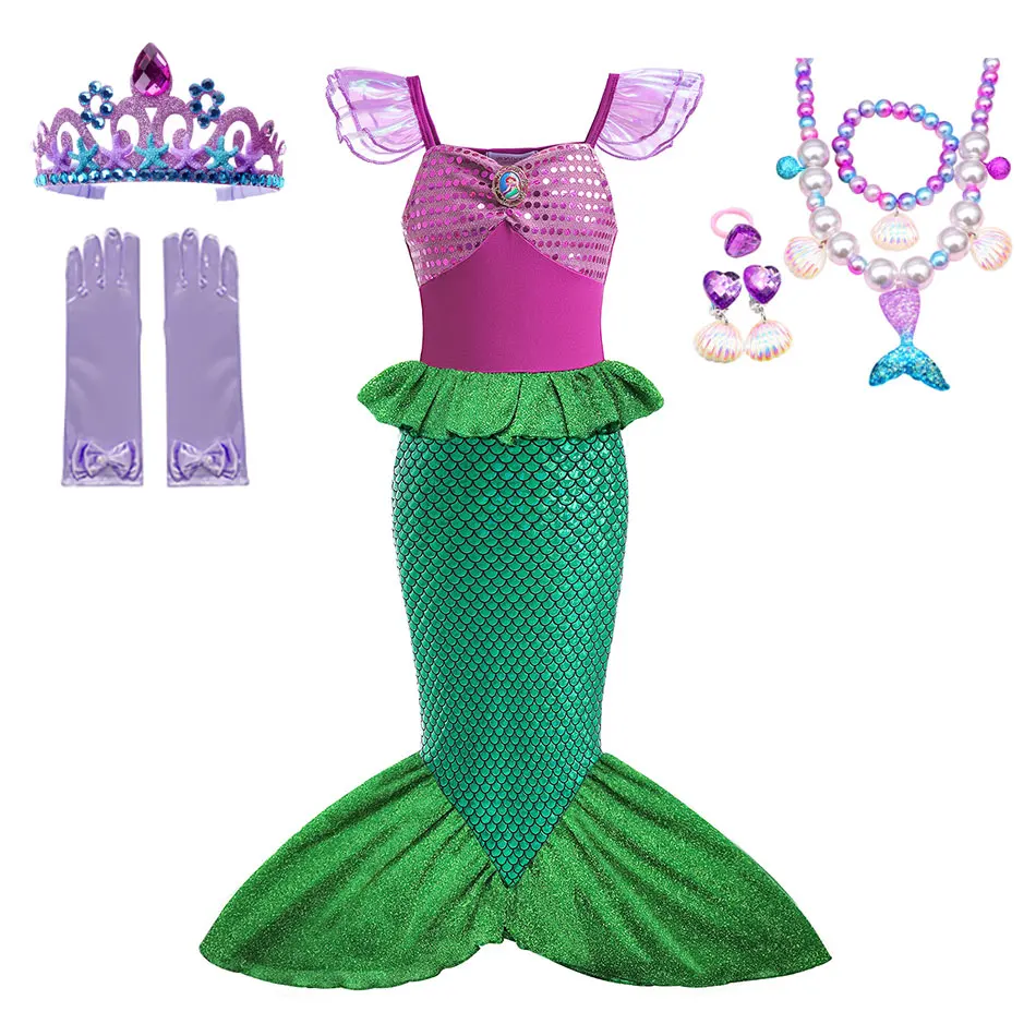 thumbnail image 1 of Disney-traje de baño de cola de sirena para niña, conjunto de Bikini con corona, traje de baño para fiesta de natación, disfraz de sirena, 1 of 5