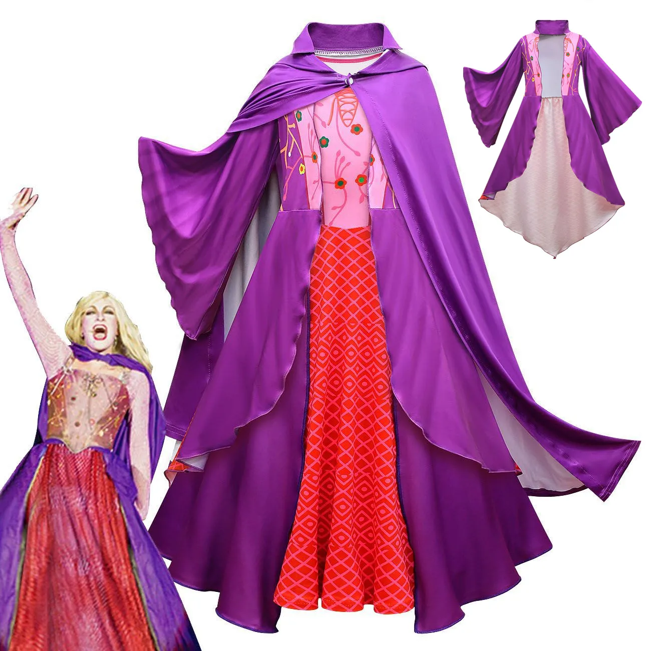 Bambini Halloween Hocus Pocus Girl Winifred Dress Up Carnival Party Sarah Mary Sanderson Sisters Witch Costume Cosplay Mantello Con Cappuccio