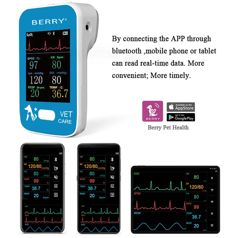 Berry Pet Health Bluetooth Veterinary Multiparameter Monitor Veterinary Blood Oxygen Meter Pet ECG Monitor