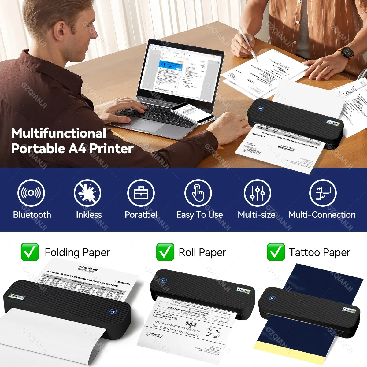 A4 Thermal Paper Printer Printing Wireless BT Connect Compatible with iOS and Android Mobile Photo Printer Support 210mm Wide