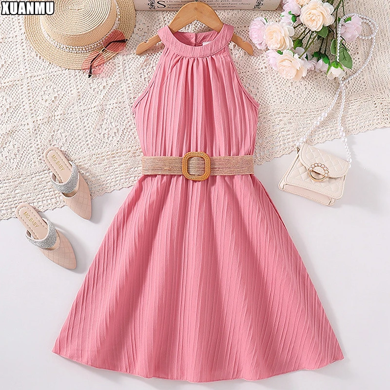 XUANMU enfants filles robes pour adolescents avec ceinture licou épaules nues filles robes de fête vêtements de vacances pour les filles X013A_voghion.com