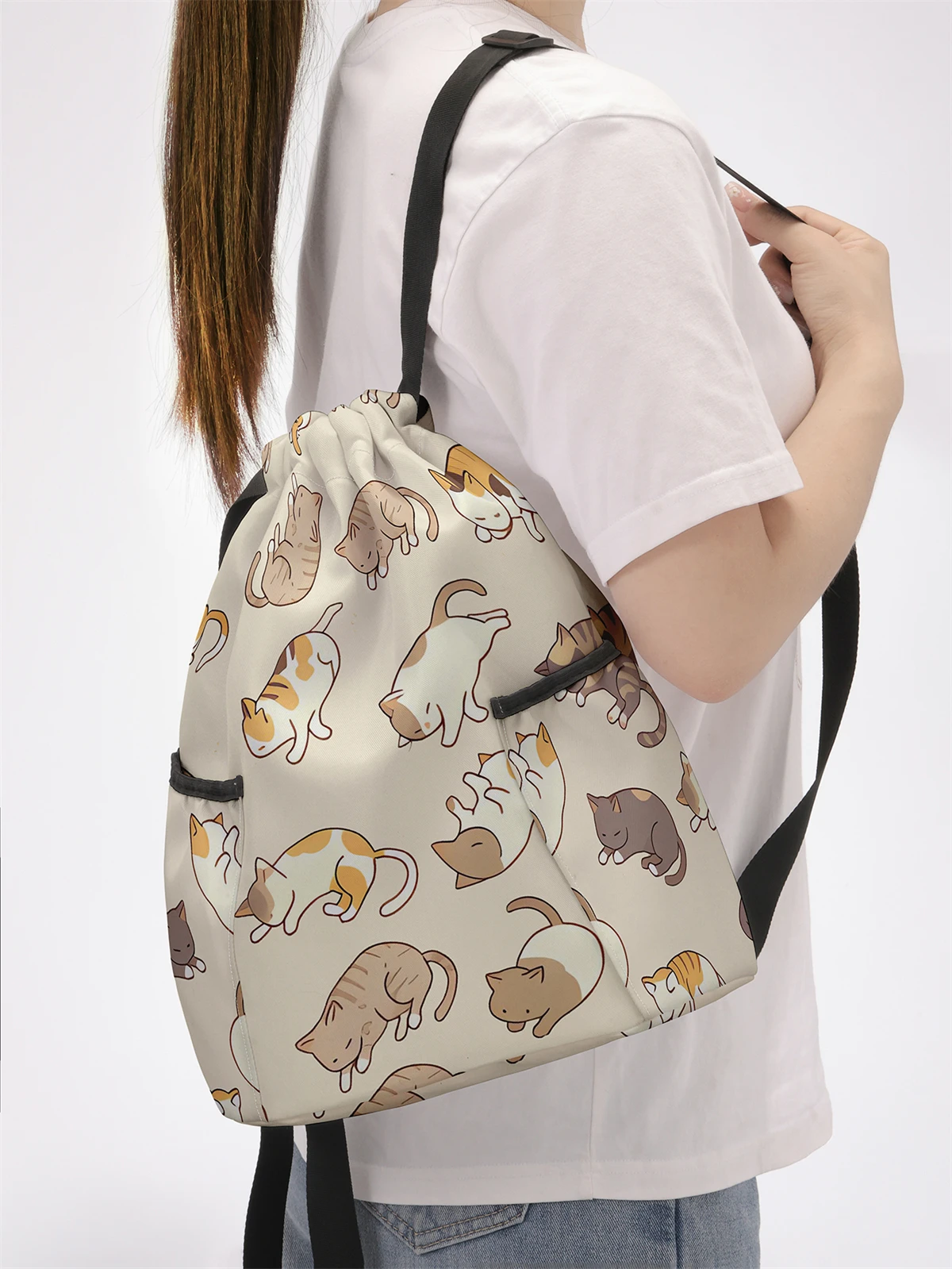Cat Pattern Printed Drawstring Backpack - Large Capacity Durable Fitness Bag, Sports Beach Backpack