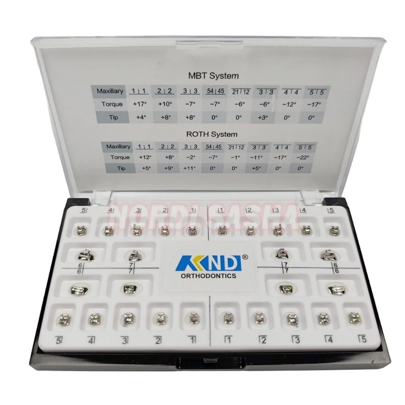 28 ชิ้น/กล่อง  ตัวจัดฟันแบบโลหะชนิด Self-Ligating พร้อมท่อจัดฟันด้านแก้มสำหรับฟันกราม  แบบ Roth/MBT22  345Hooks 1