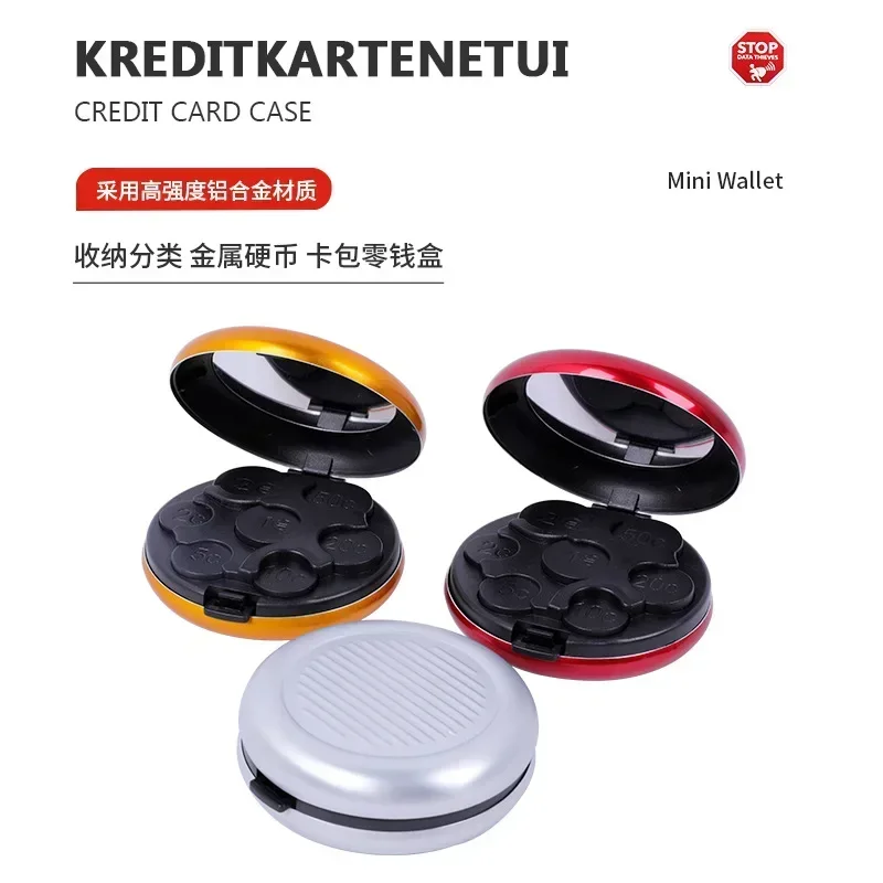 Fashion Creative Mini Euro Coin Storage Box with Mirror Portable Aluminum Alloy Circular Euro Zero Wallet for Gift