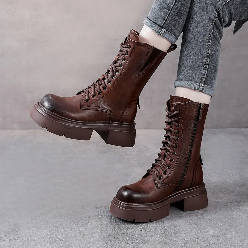 

Krasovki 6cm Genuine Leather Vintage Chunky Heel Women BootS Motorcycle Knee High Punk Boots Ankle Booties Platform Wedge Boots