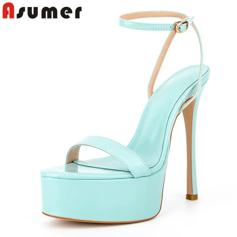 

ASUMER 2023 Big Size 35-43 New Patent Leather Sandals Woman Buckle Thin High Heels Platform Sandals Fashion Ladies Dress Shoes