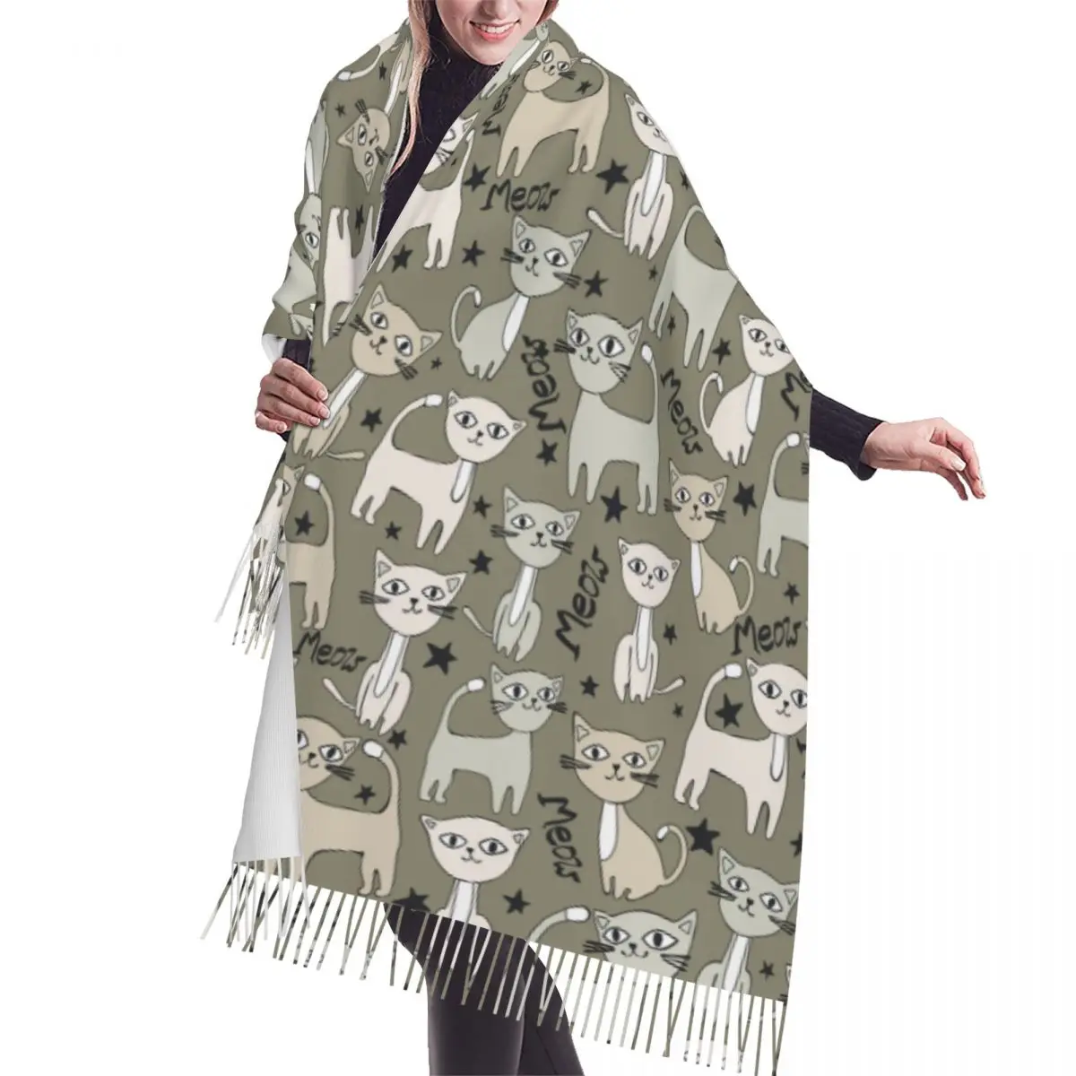 Cute Cat Ladies’ Scarf – Soft Polyester Autumn & Winter Wrap | 65×180cm Cozy Kawaii Cat Print Shawl