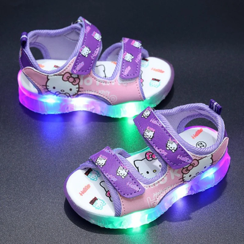 2024 Summer New Baby Led Light Girls Sandals Cute Hello Kitty Children's Casual Shoes Anti-slip Kids Beach Shoes Outdoor Shoes