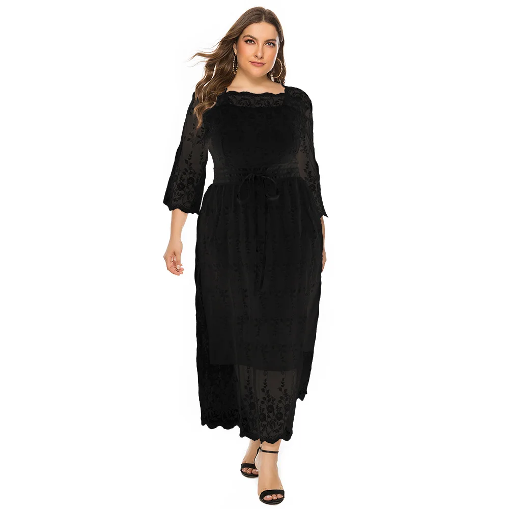 

4XL Plus Size Women's Clothing Fall Autumn Fashion Sexy Lace Mid Sleeve Long Fairy Ladies Dress Beach Skirt Vacation Oversized