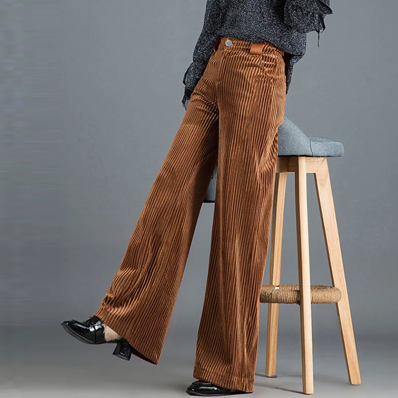Fleece Lined Winter Pants Women High Quality Pleuche Wide Leg Pants Plus Velvet Vingage Elastic Waist Baggy Pants Stretch Buttom