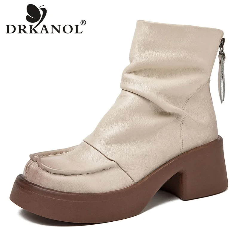 

DRKANOL 2023 Women High Heel Mid Calf Boots Autumn 100% Genuine Cow Leather Handmade Sewing Back Zipper Chunky Platform Boots