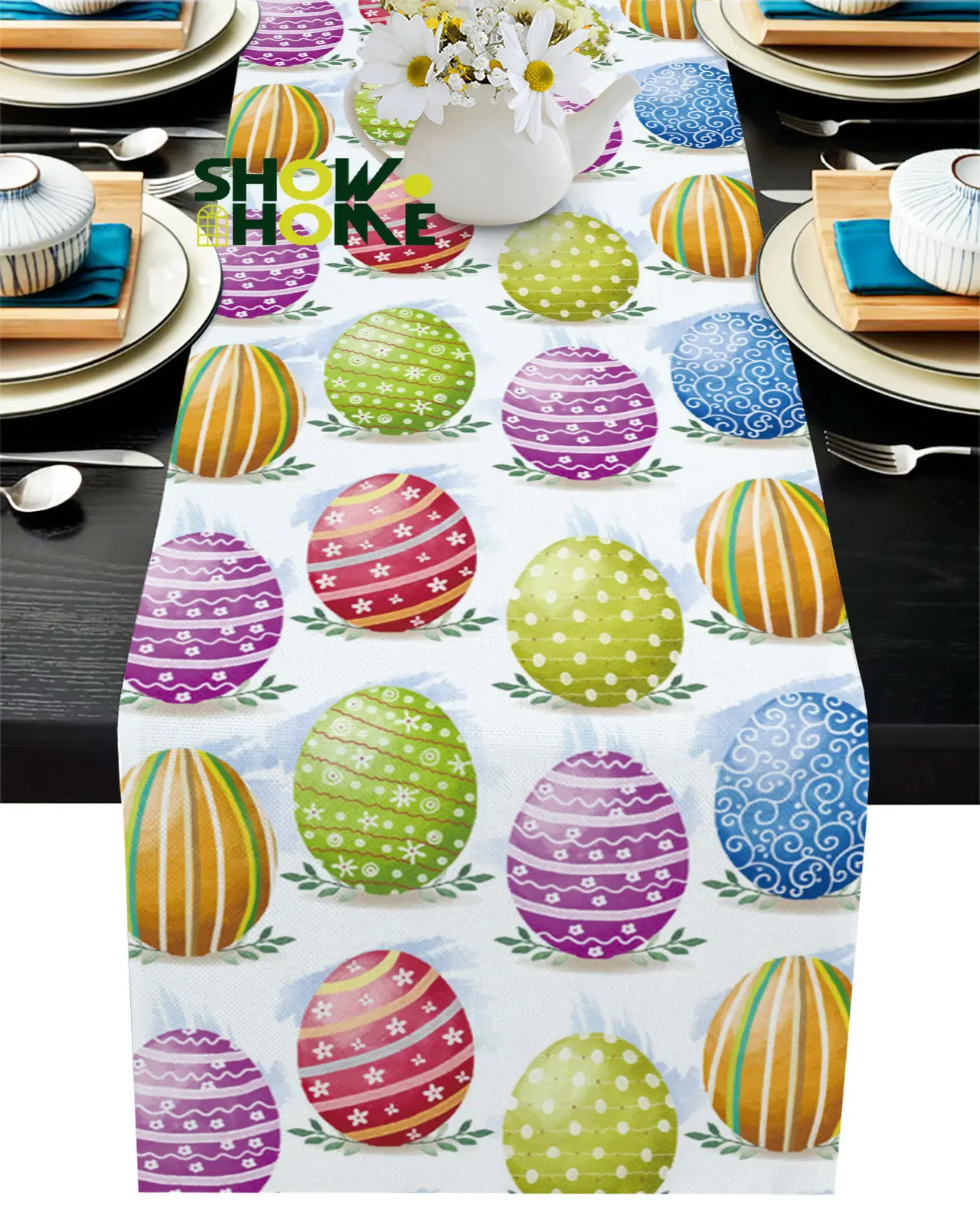 

Watercolor Easter Egg Pattern Table Runner Home Kitchen Table Decoration Tablecloth and Placemats Wedding Table Runner